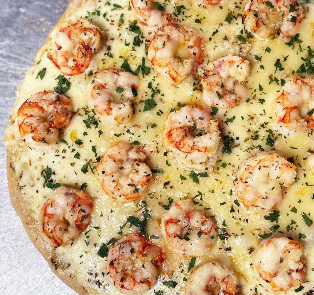 Close-up shrimp pizza